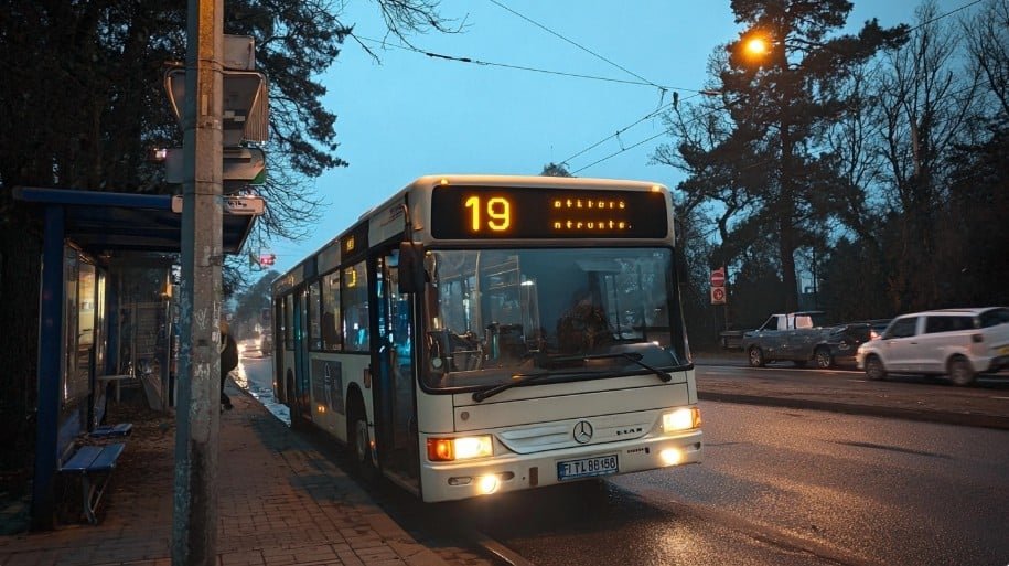 19 маршрутка Львів — автобус Mercedes-Benz на зупинці ввечері, громадський транспорт Львова