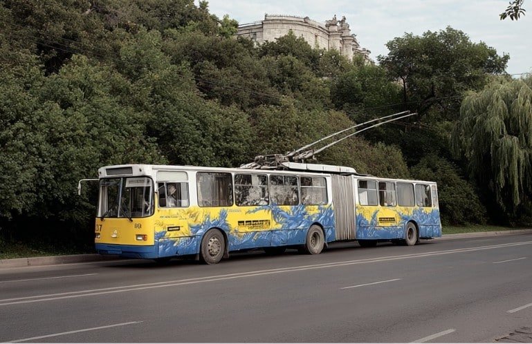 7 тролейбус Одеса – тролейбус на тлі зелених насаджень біля пам’ятки архітектури