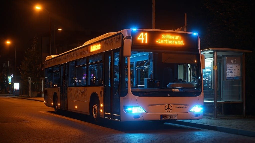 Білий автобус №41 біля зупинки ввечері у Львові