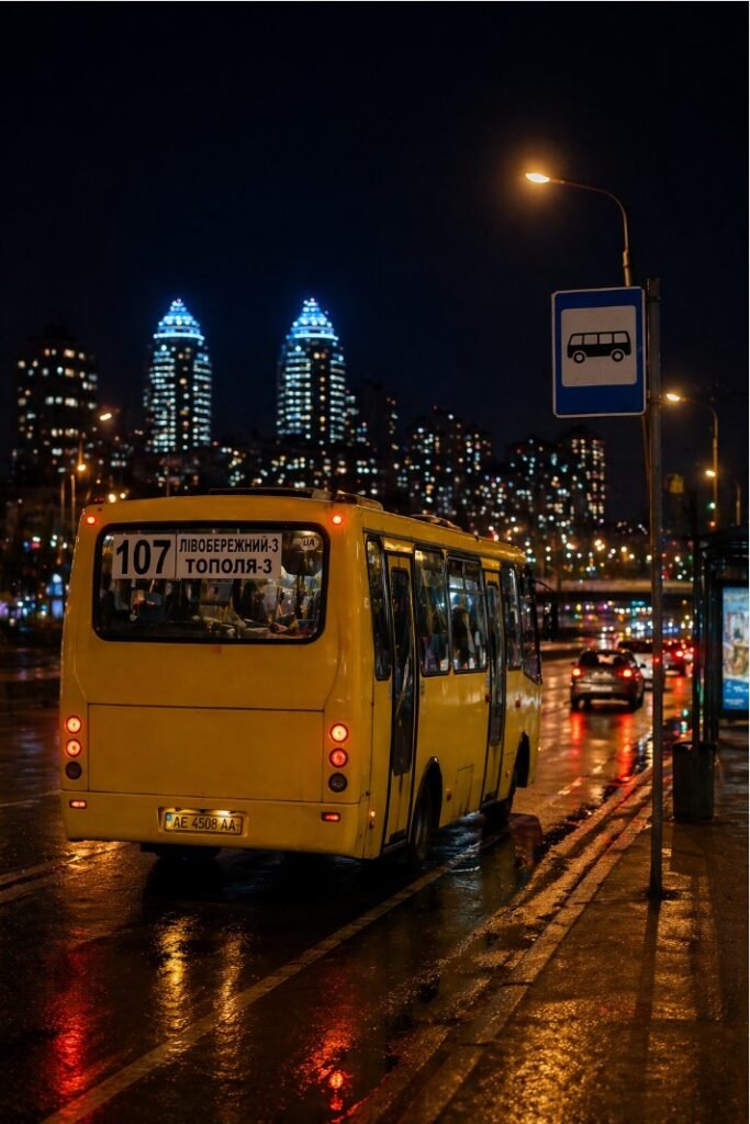 107 маршрутка Дніпро вночі вид ззаду на маршруті
