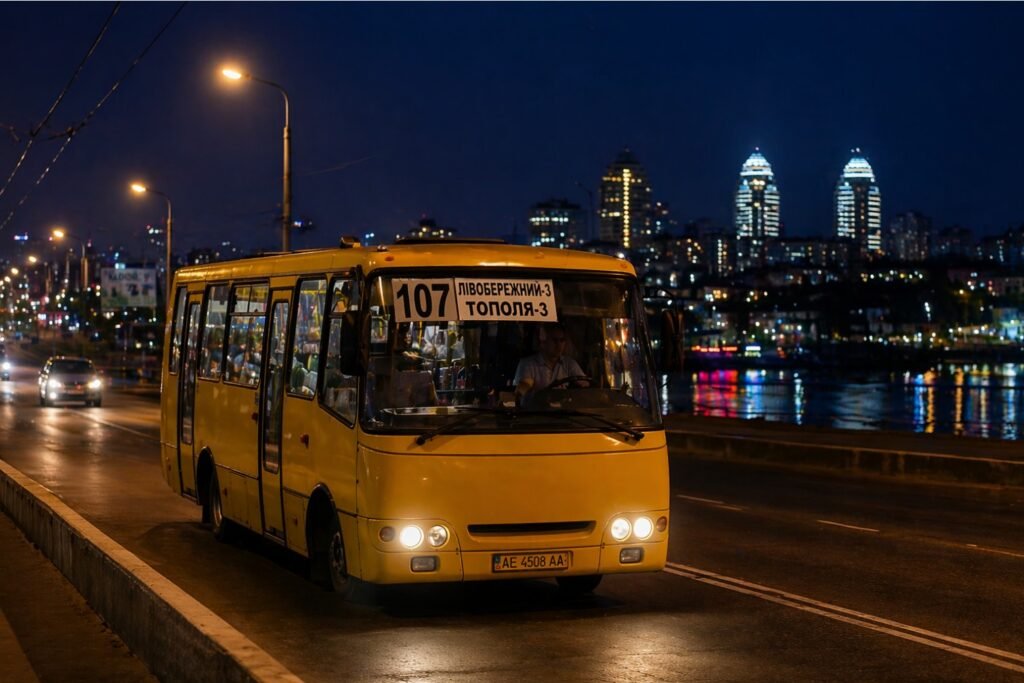 107 маршрутка Дніпро ввечері на мосту під час руху маршрутом