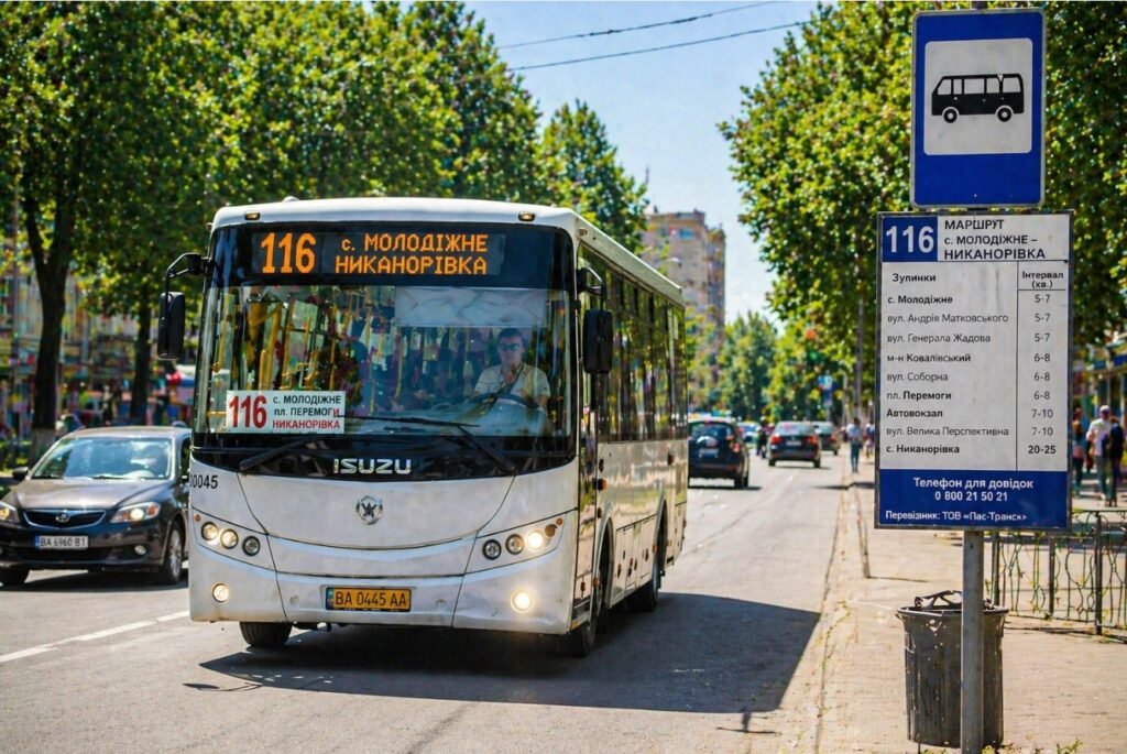 116 автобус Кропивницький на зупинці біля таблички маршрут Молодіжне Никанорівка
