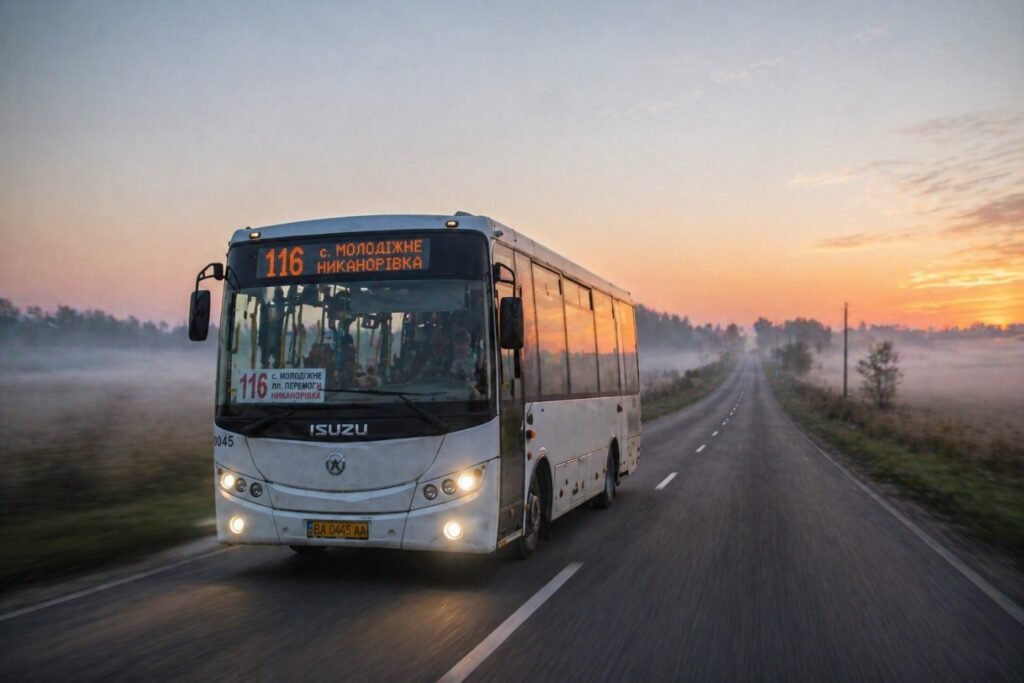 116 автобус Кропивницький ранок між селами на трасі рух на швидкості маршрут Молодіжне Никанорівка