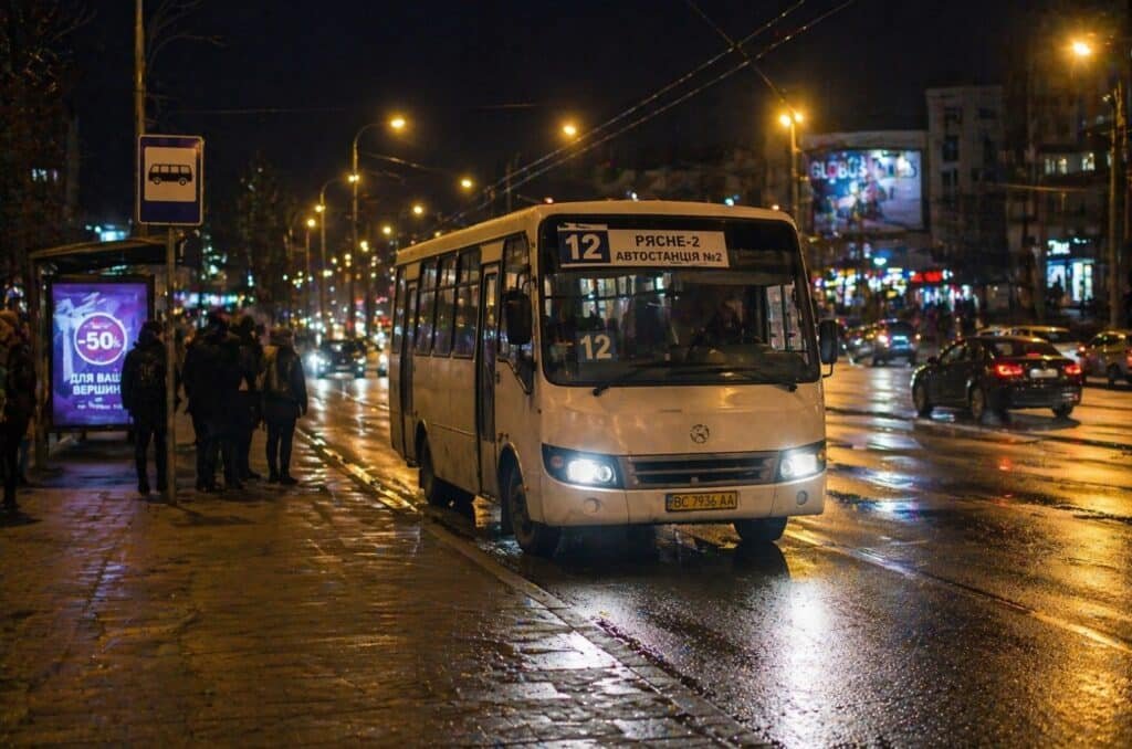 маршрутка 12 Львів вночі на зупинці Мазепи дощ автобус Рясне-2 Автостанція №2