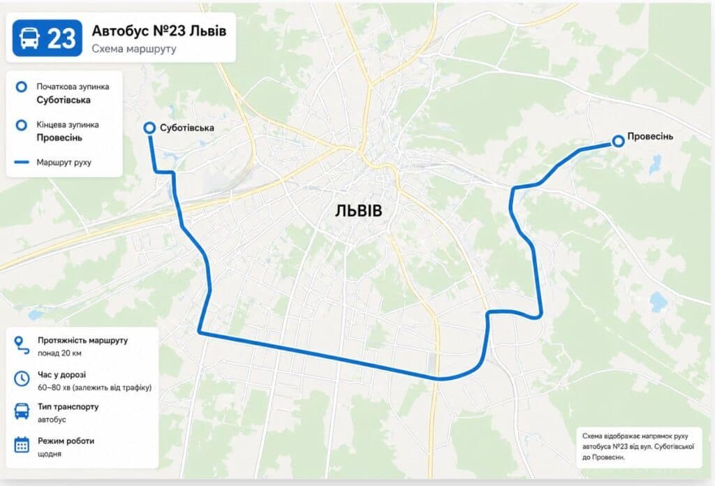 23 маршрутка Львів карта маршруту автобус 23 схема руху від Суботівської до Провесінь