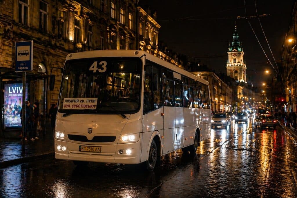 маршрутка 43 Львів вночі дощ центр міста автобус на маршруті