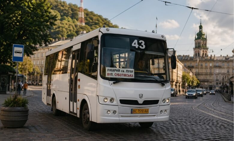 маршрутка 43 Львів у центрі міста автобус на маршруті фото