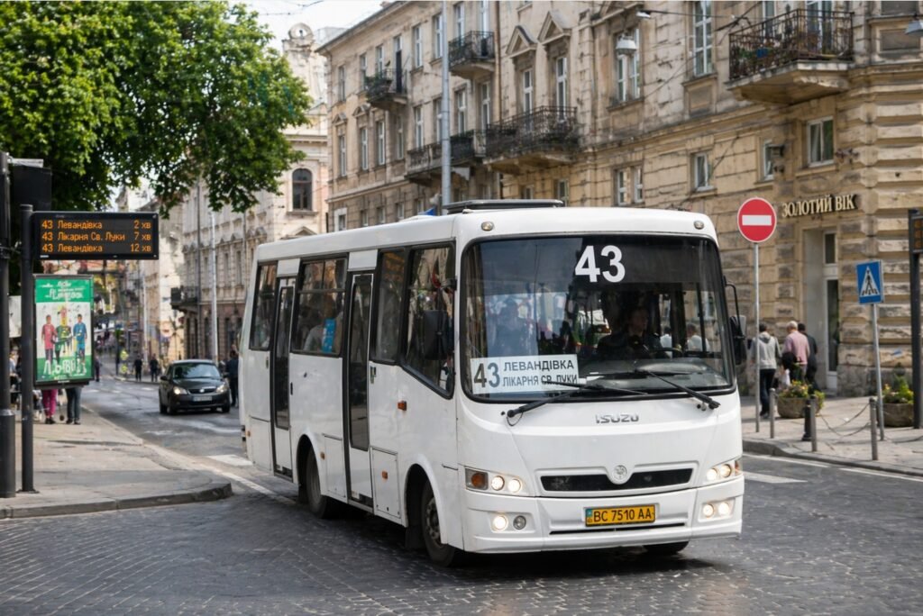 маршрутка 43 Львів на зупинці центр табло розкладу автобус