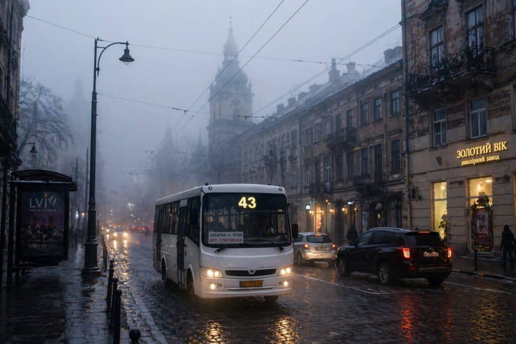 маршрутка 43 Львів у тумані центр міста автобус на маршруті
