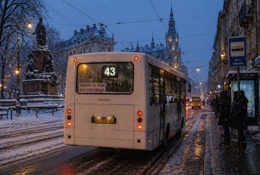 маршрутка 43 Львів взимку сніг задній ракурс автобус на зупинці