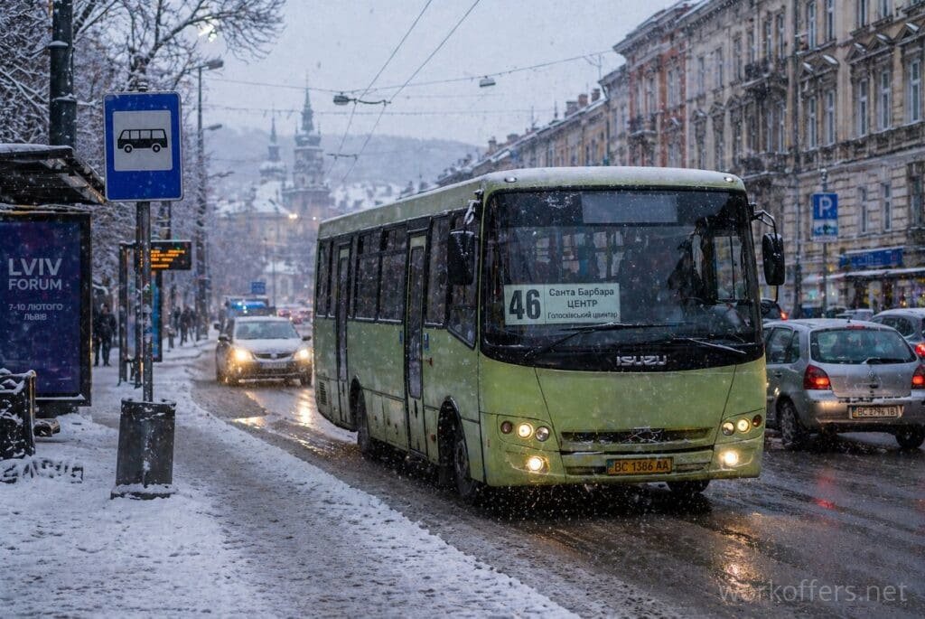 46 маршрутка Львів білий автобус сніг ранок фото
