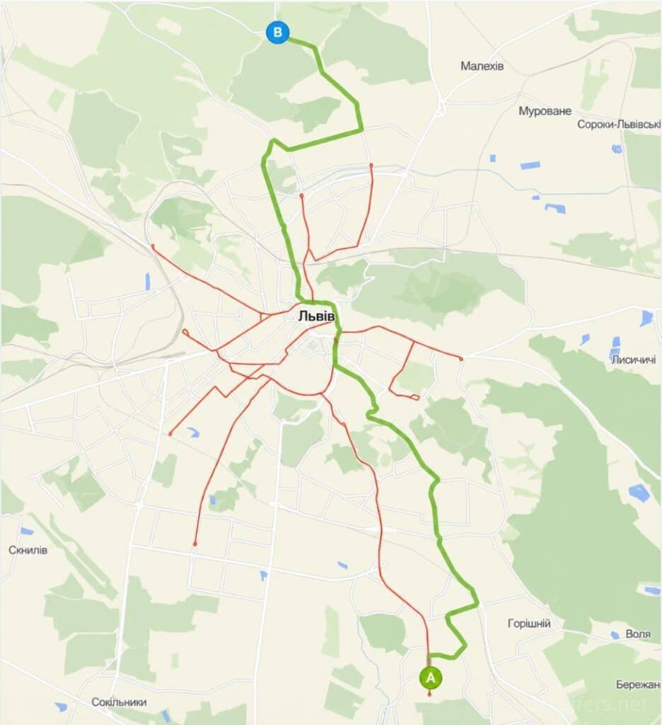 карта маршруту 46 маршрутка Львів автобус 46 схема руху