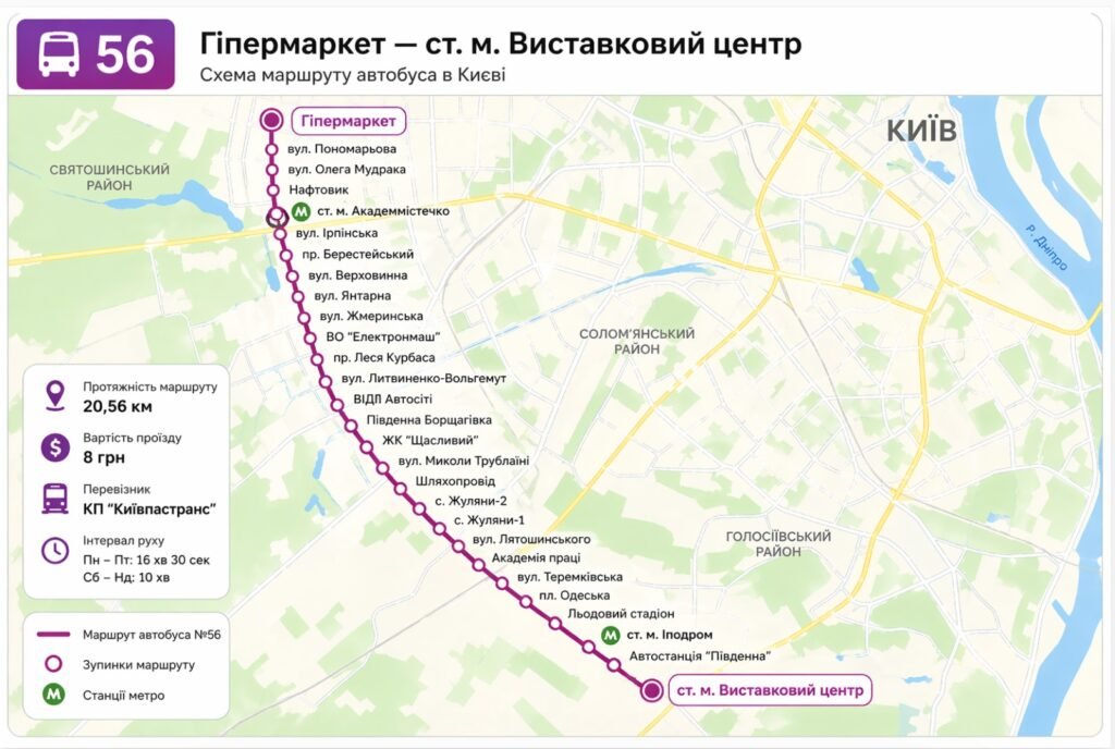 56 автобус Київ схема маршруту від Гіпермаркет до Виставковий центр
