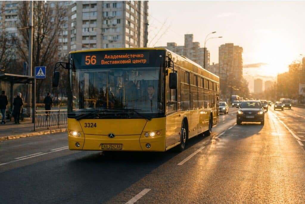 56 автобус Київ в русі вранці маршрут Академмістечко Виставковий центр