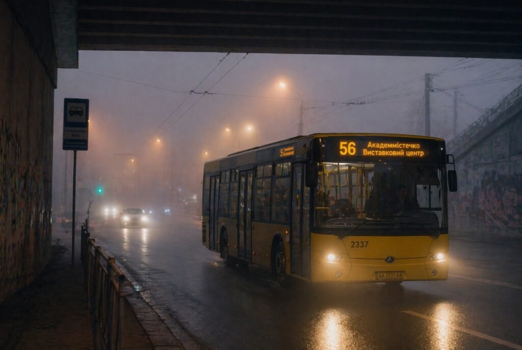 56 автобус Київ в тумані під мостом маршрут Академмістечко Виставковий центр