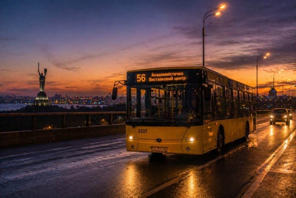 автобус у Києві ввечері рух міського транспорту приклад маршруту 56