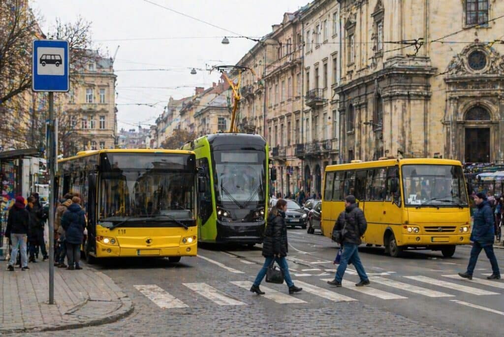 громадський транспорт Львів автобус трамвай маршрутки люди на зупинці альтернатива маршрутці