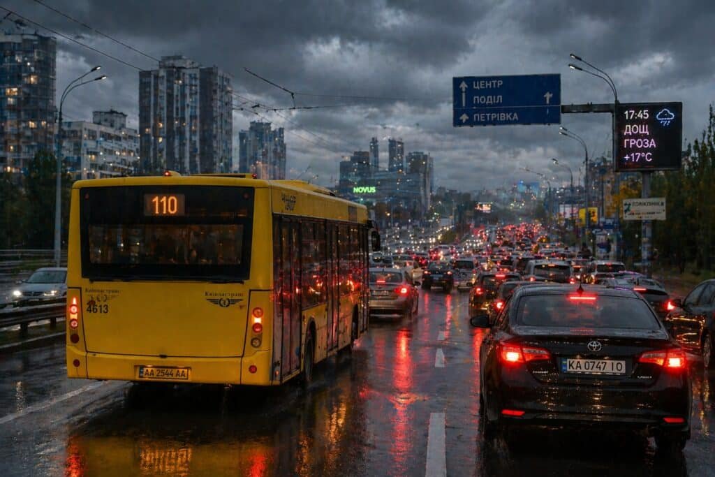 Автобус 110 Київ у заторі під дощем трафік на дорозі маршрут Троєщина центр