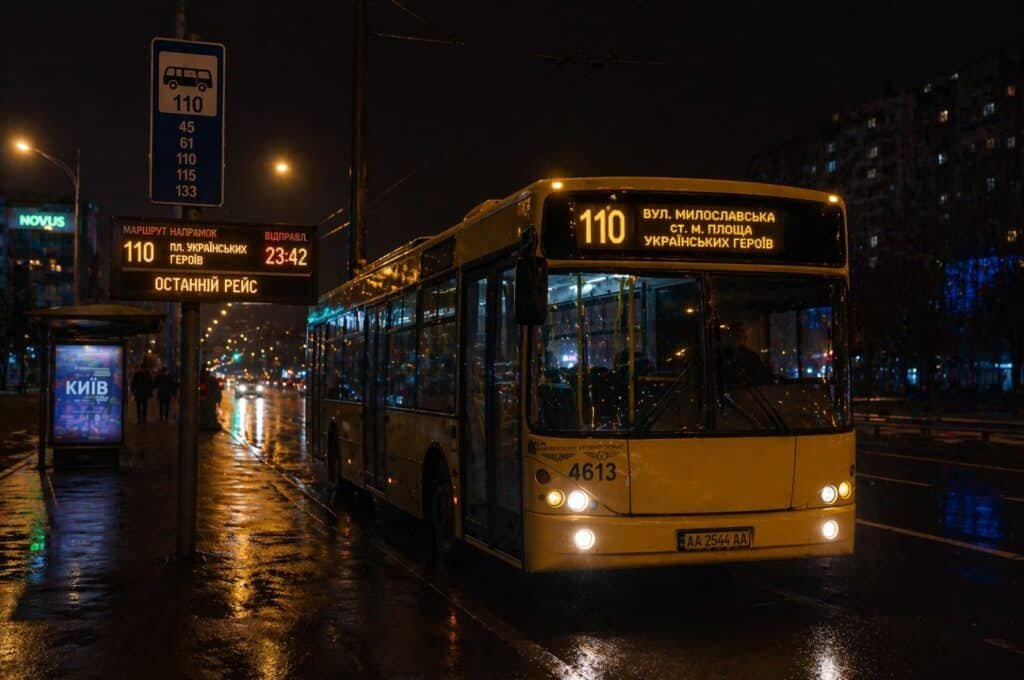 Автобус №110 Київ вночі останній рейс на зупинці маршрут Троєщина центр