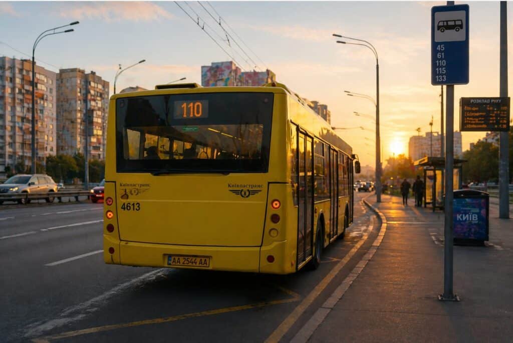 Автобус №110 у Києві вранці, вид ззаду на зупинці