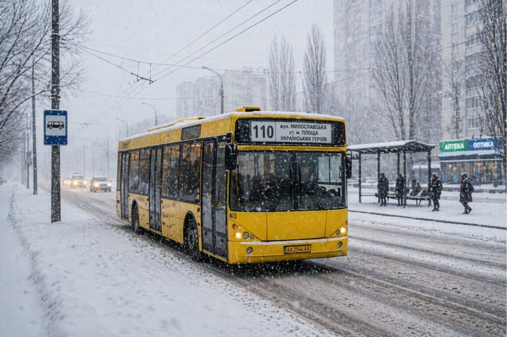 Автобус №110 у Києві взимку під час снігопаду на маршруті Троєщина центр