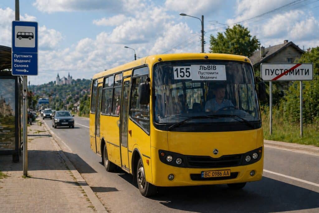 Маршрутка Львів — Пустомити на зупинці у передмісті